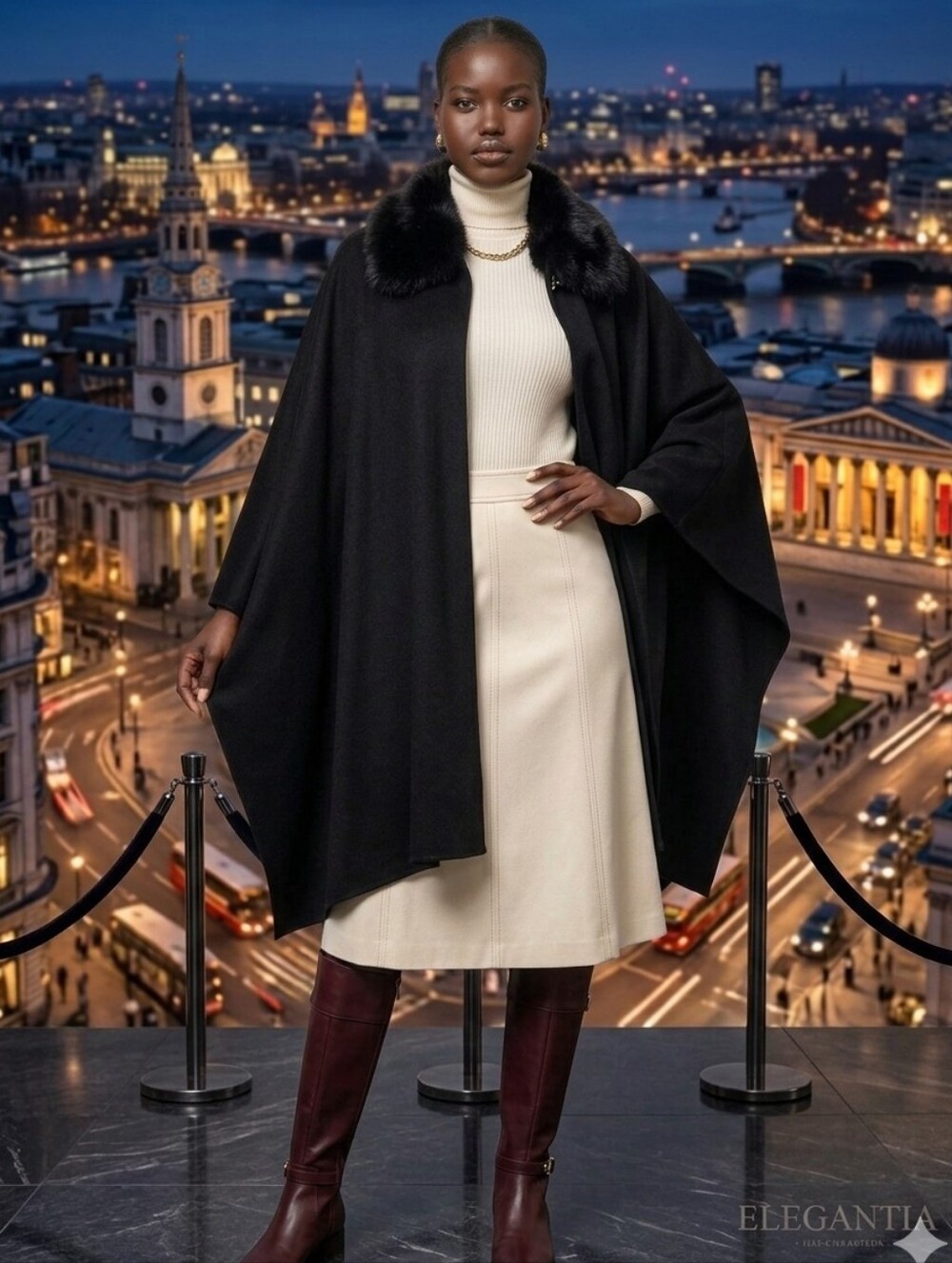 334. D'margeaux Black Faux Fur Cape Detachable Faux Fur